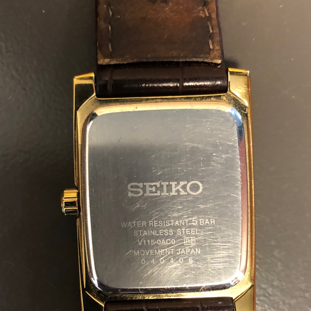Mens Seiko Gold-Tone Rectangular Solar Watch with Brown Strap - Picture 5 of 8